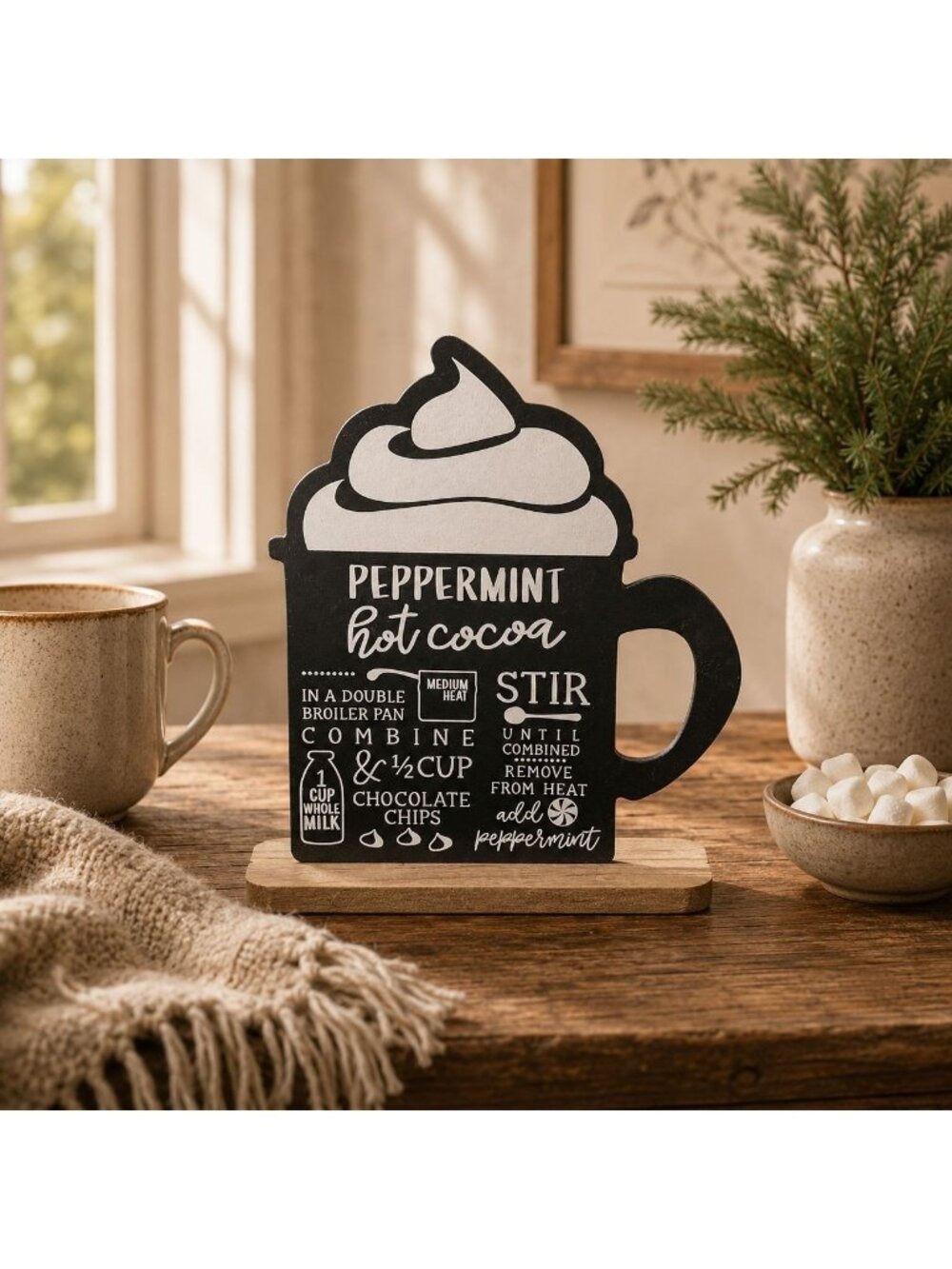 Peppermint Hot Cocoa Cup Sign 9in Double Side Chalkboard Decor Christmas Holiday